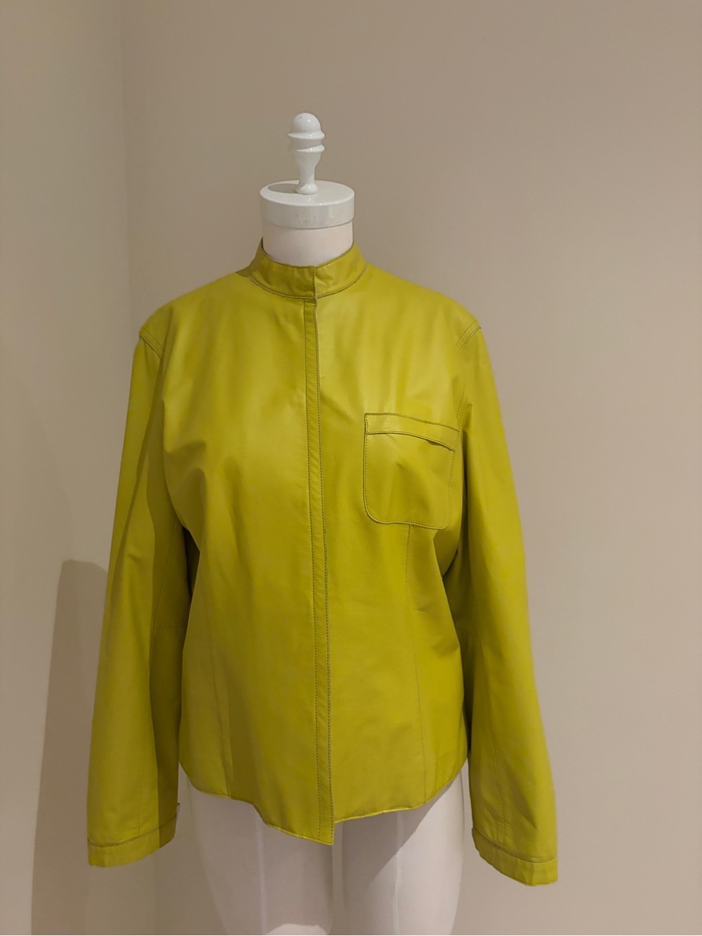 Nine West 100% Leather Chartreuse Green Jacket White Trim
